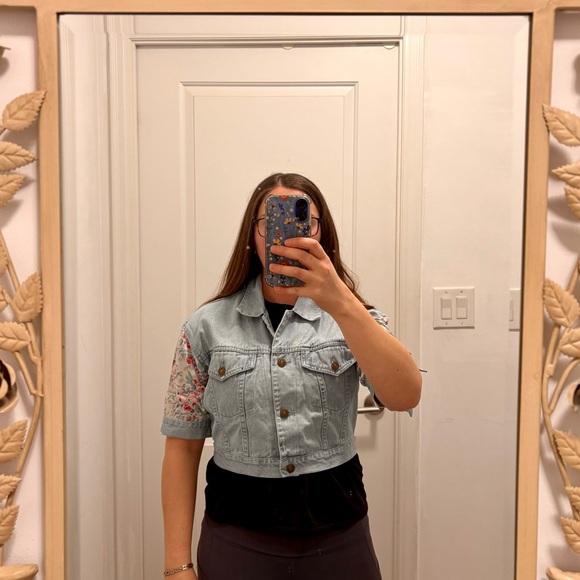 Denim Jacket with Floral Sleeves - Picture 3 of 5